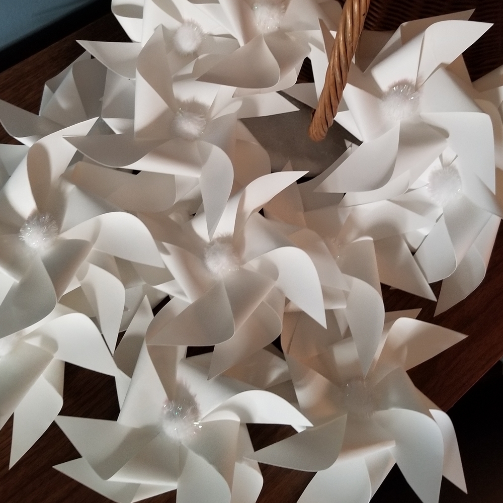 Bundle of (15) Handmade Pinwheels in pure white w/shimmer pom pom centers.